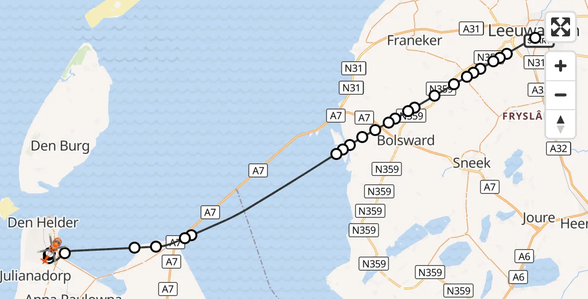 Vluchtroute Kustwachthelikopter Leeuwarden Medical Center Heliport - Militair vliegveld De Kooy / Den Helder Airport, 21 augustus 2026, 14:50