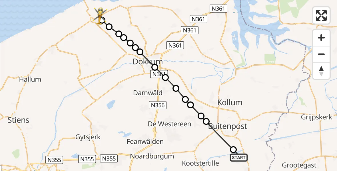 Vluchtroute Traumahelikopter Augustinusga - Holwert, 21 augustus 2026, 15:02