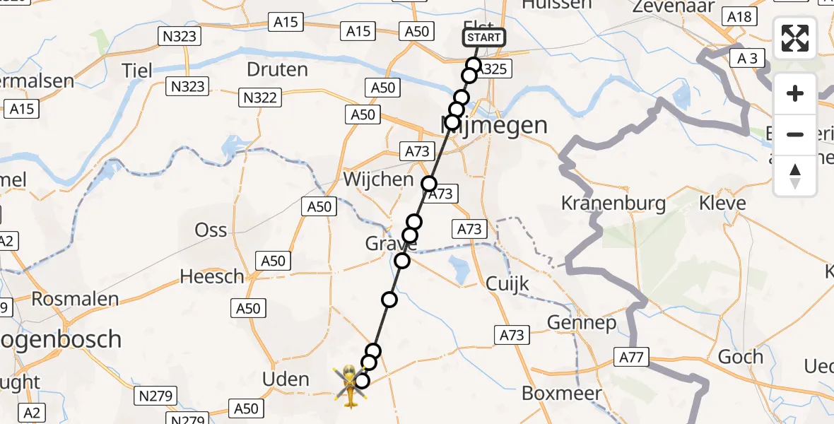 Vluchtroute Traumahelikopter Elst - Vliegbasis Volkel, 21 augustus 2026, 16:49