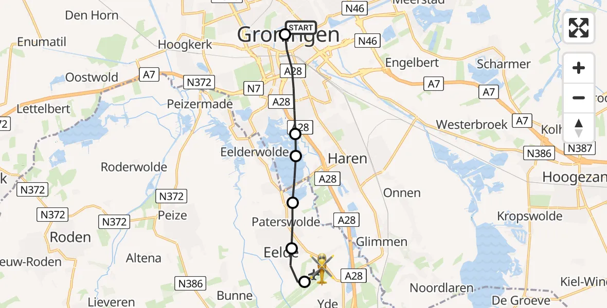 Vluchtroute Traumahelikopter Universitair Medisch Centrum Groningen - Groningen Airport Eelde, 21 augustus 2026, 17:01