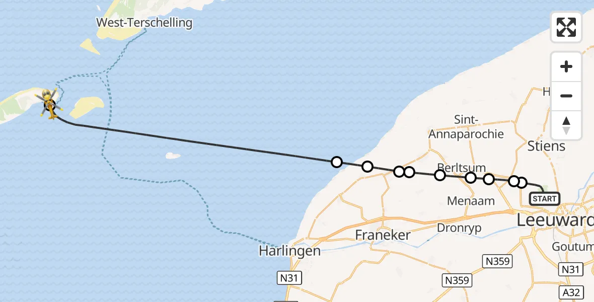 Vluchtroute Ambulancehelikopter Vliegbasis Leeuwarden - Vlieland Heliport, 21 augustus 2026, 17:29