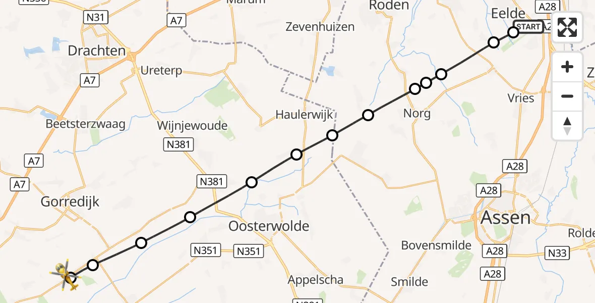 Vluchtroute Traumahelikopter Groningen Airport Eelde - Nieuwehorne, 21 augustus 2026, 17:57
