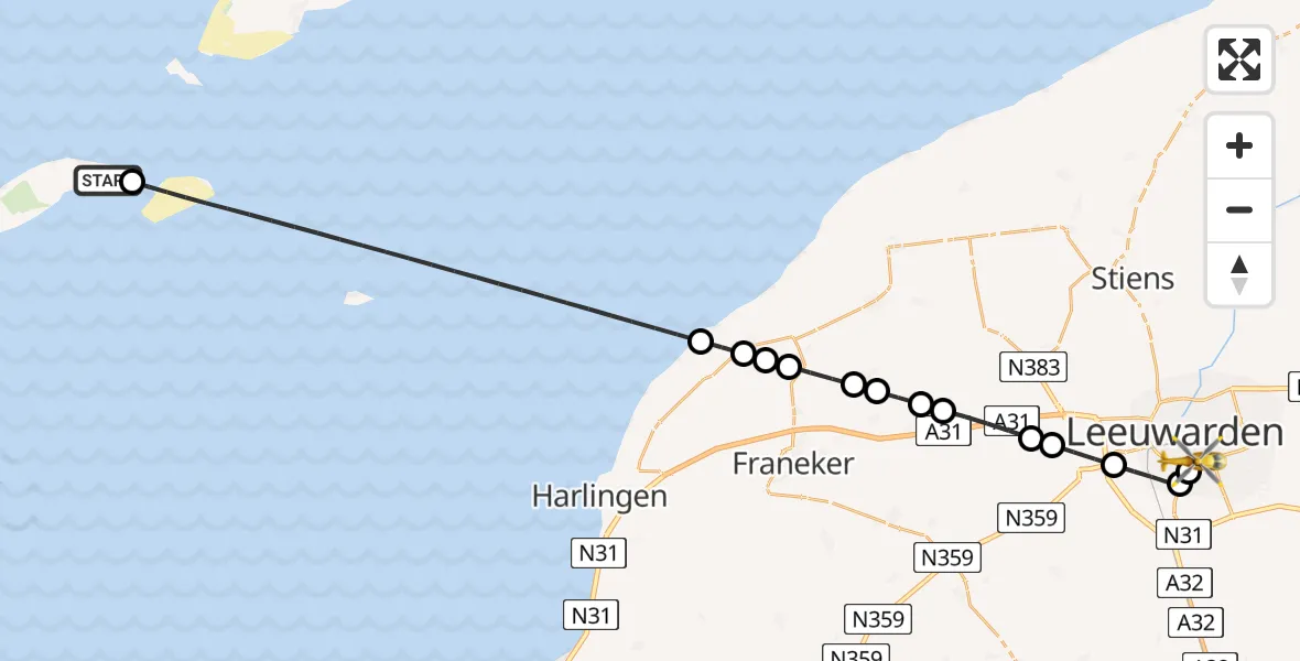 Vluchtroute Ambulancehelikopter Vlieland - Leeuwarden Medical Center Heliport, 21 augustus 2026, 18:01