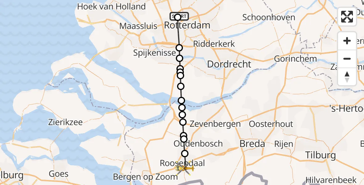 Vluchtroute Traumahelikopter Rotterdam The Hague Airport - Roosendaal, 21 augustus 2026, 18:16