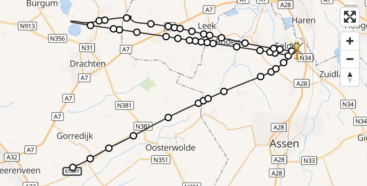 Vluchtroute Traumahelikopter Nieuwehorne - Groningen Airport Eelde, 21 augustus 2026, 18:38