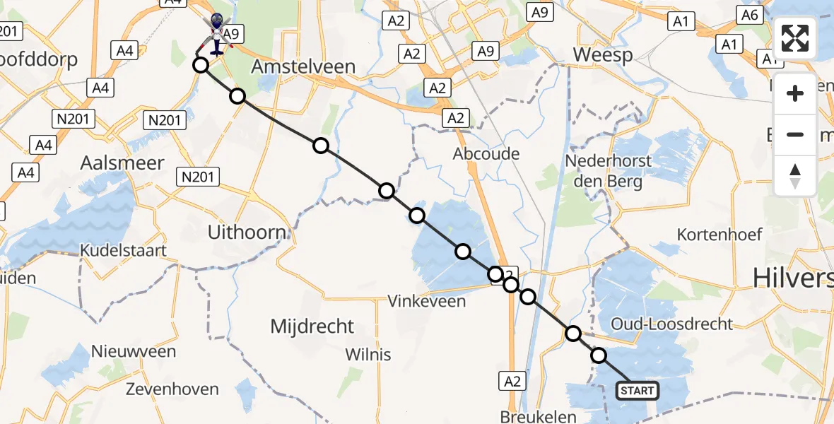 Vluchtroute Politiehelikopter Loosdrechtse Plassen - Amsterdam Vliegveld Schiphol, 21 augustus 2026, 18:50
