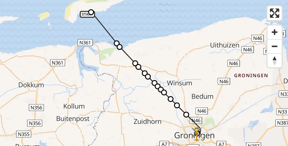 Vluchtroute Ambulancehelikopter Schiermonnikoog Heliport - Universitair Medisch Centrum Groningen, 21 augustus 2026, 19:29