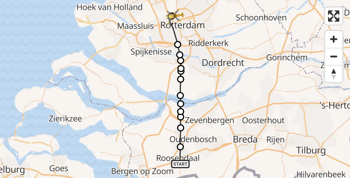 Vluchtroute Traumahelikopter Roosendaal - Rotterdam The Hague Airport, 21 augustus 2026, 19:31