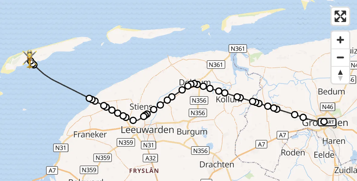 Vluchtroute Ambulancehelikopter Universitair Medisch Centrum Groningen - Terschelling Heliport, 21 augustus 2026, 20:03