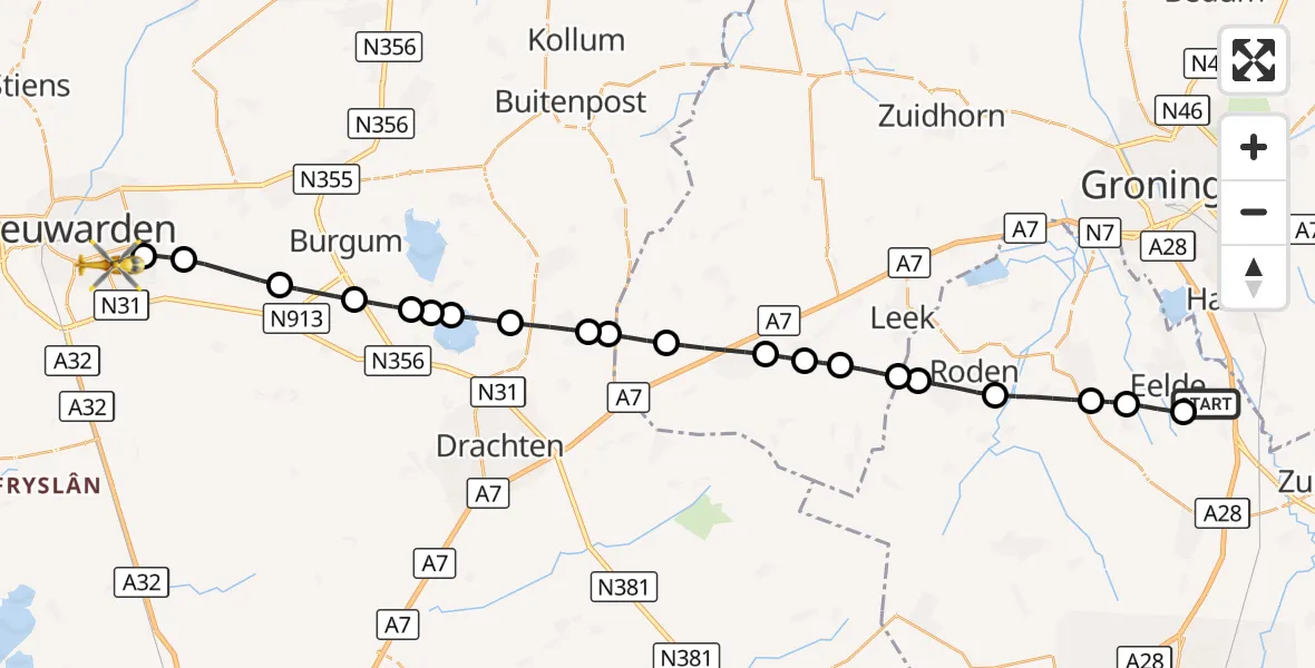 Vluchtroute Traumahelikopter Groningen Airport Eelde - Leeuwarden, 21 augustus 2026, 20:11