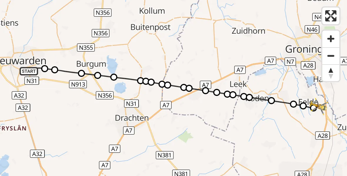 Vluchtroute Traumahelikopter Leeuwarden - Groningen Airport Eelde, 21 augustus 2026, 20:44