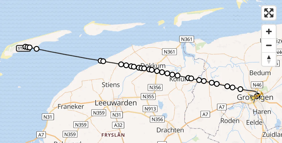 Vluchtroute Ambulancehelikopter Terschelling Heliport - Universitair Medisch Centrum Groningen, 21 augustus 2026, 20:48
