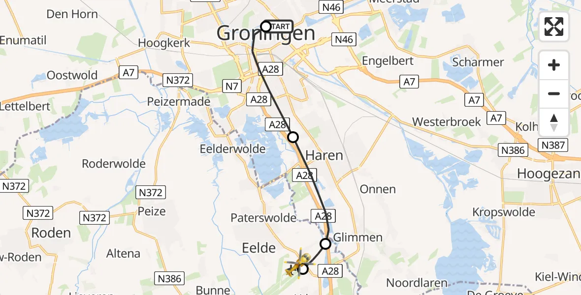 Vluchtroute Ambulancehelikopter Universitair Medisch Centrum Groningen - Groningen Airport Eelde, 21 augustus 2026, 21:32