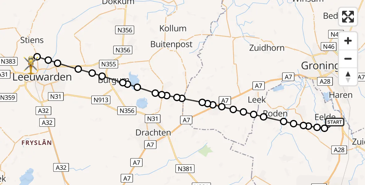 Vluchtroute Ambulancehelikopter Groningen Airport Eelde - Vliegbasis Leeuwarden, 21 augustus 2026, 21:55