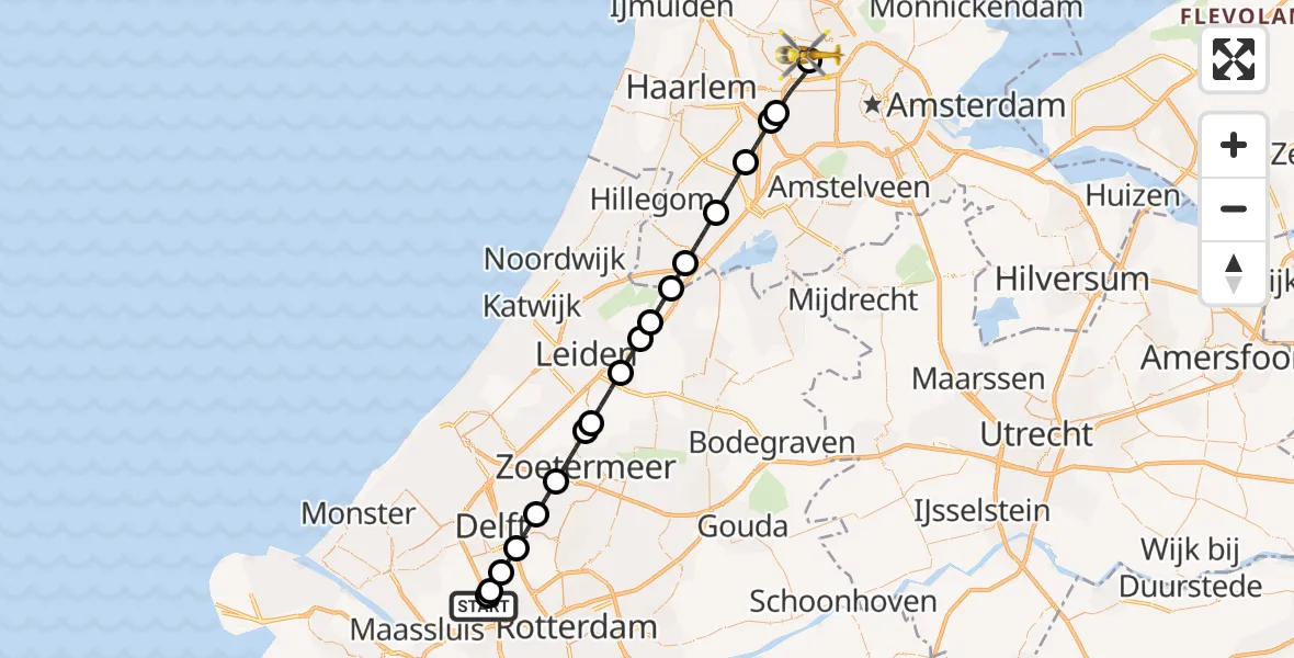 Vluchtroute Traumahelikopter Vlaardingen - Amsterdam Heliport, 22 augustus 2026, 02:34
