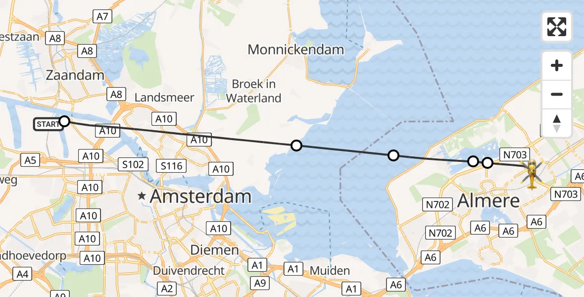 Vluchtroute Traumahelikopter Amsterdam Heliport - Almere, 22 augustus 2026, 04:39