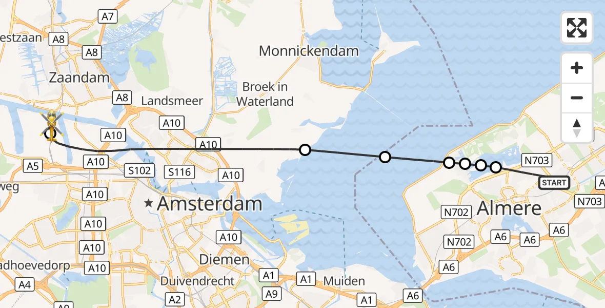 Vluchtroute Traumahelikopter Almere - Amsterdam Heliport, 22 augustus 2026, 05:01