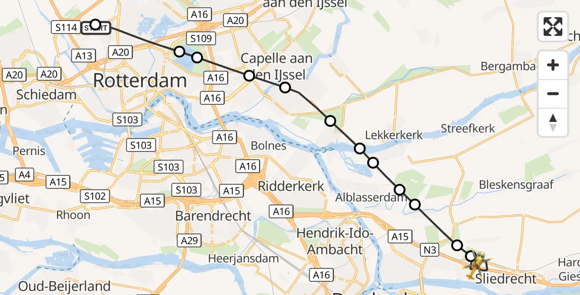 Vluchtroute Traumahelikopter Rotterdam The Hague Airport - Sliedrecht, 22 augustus 2026, 08:57