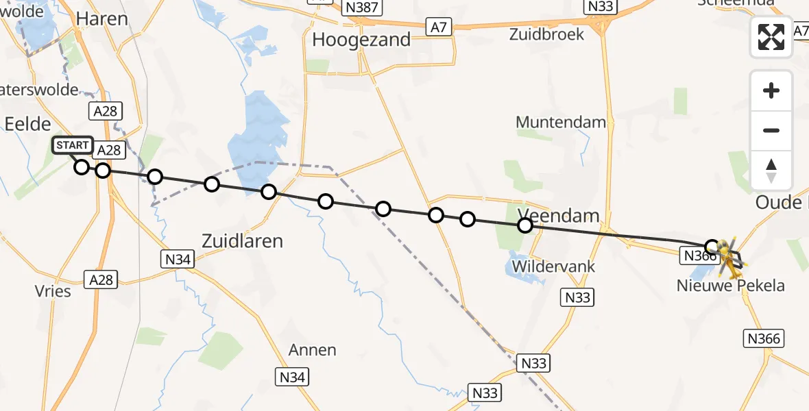 Vluchtroute Traumahelikopter Groningen Airport Eelde - Nieuwe Pekela, 22 augustus 2026, 09:15