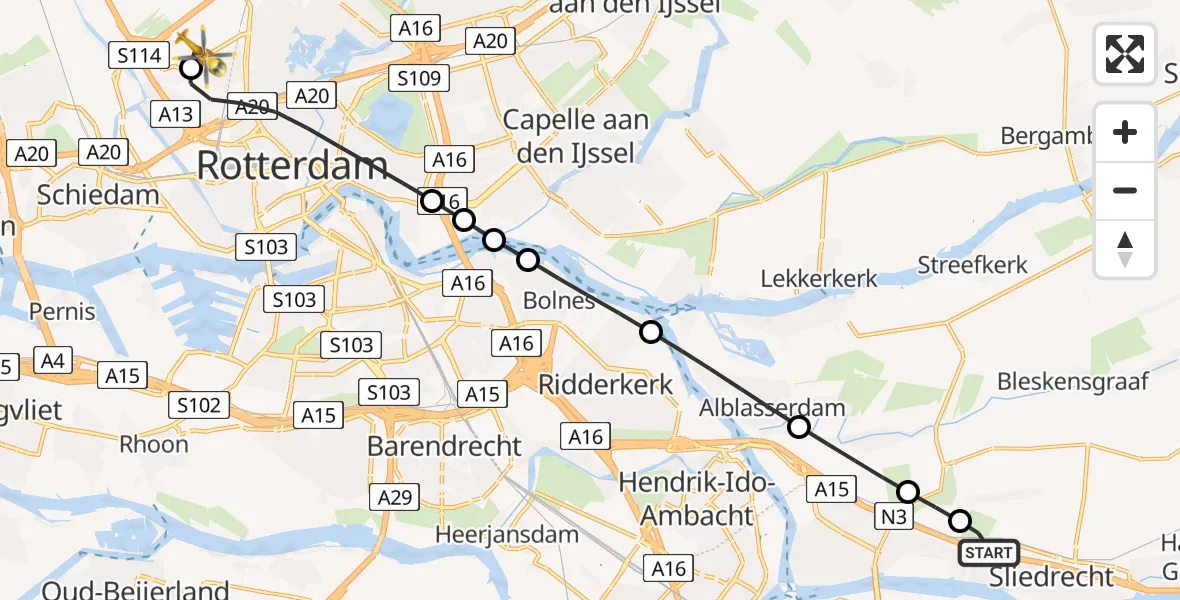 Vluchtroute Traumahelikopter Sliedrecht - Rotterdam The Hague Airport, 22 augustus 2026, 09:31