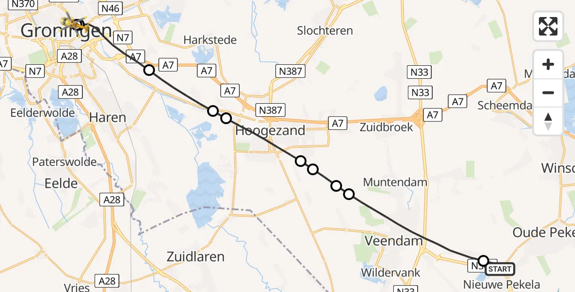 Vluchtroute Traumahelikopter Nieuwe Pekela - Universitair Medisch Centrum Groningen, 22 augustus 2026, 10:10