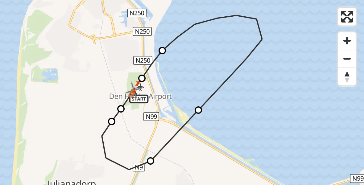 Vluchtroute Kustwachthelikopter Militair vliegveld De Kooy / Den Helder Airport - Militair vliegveld De Kooy / Den Helder Airport, 22 augustus 2026, 10:20