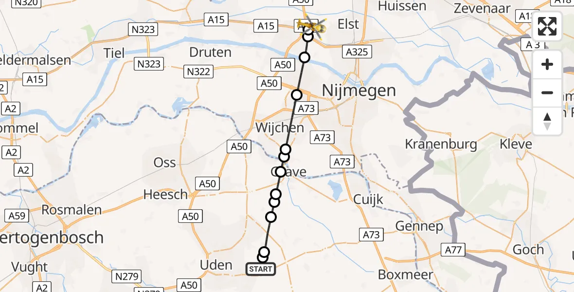 Vluchtroute Traumahelikopter Vliegbasis Volkel - Valburg, 22 augustus 2026, 11:16