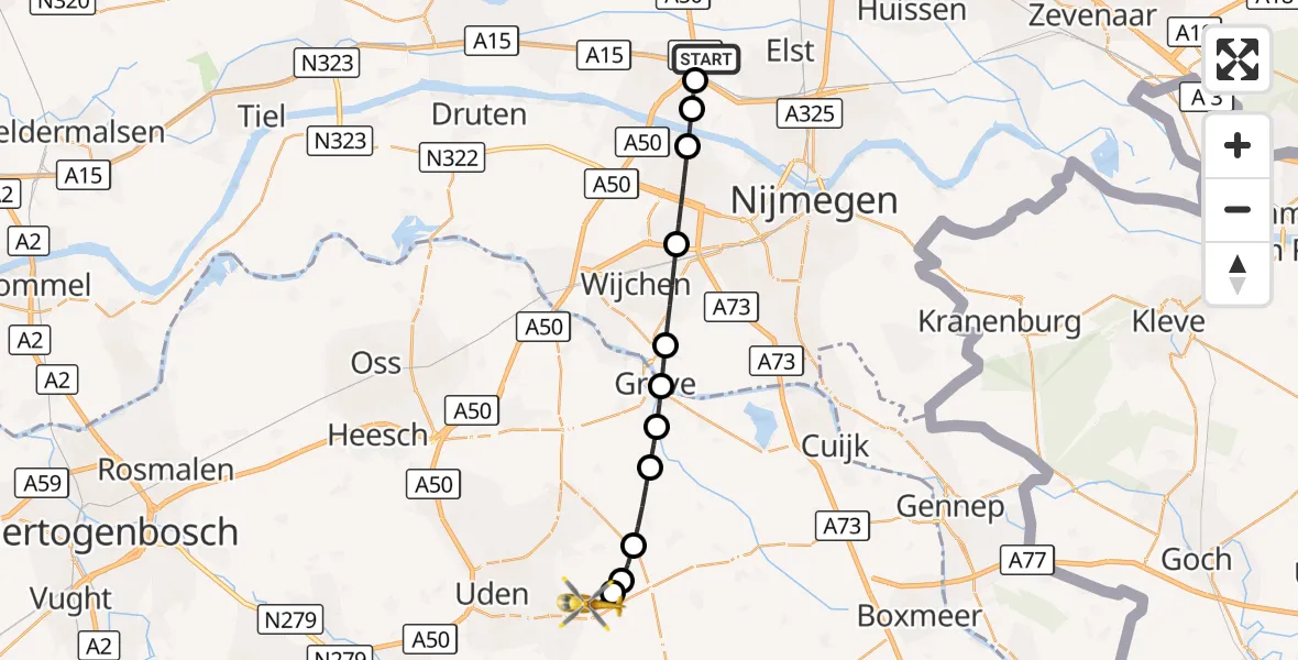 Vluchtroute Traumahelikopter Valburg - Vliegbasis Volkel, 22 augustus 2026, 11:49
