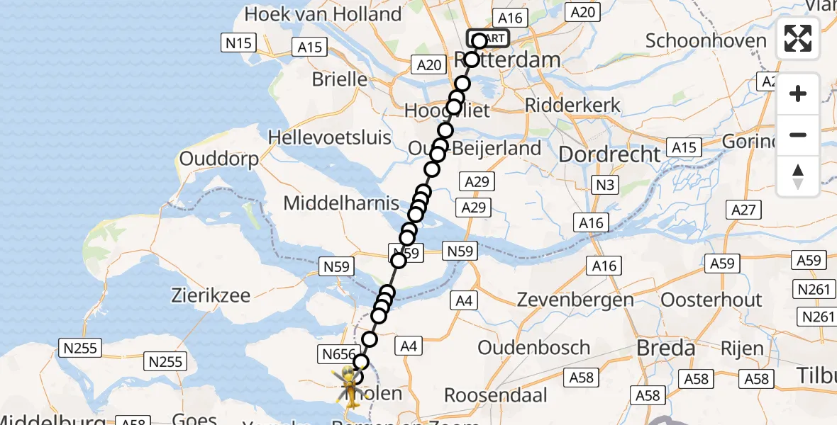 Vluchtroute Traumahelikopter Rotterdam The Hague Airport - Tholen, 22 augustus 2026, 12:23