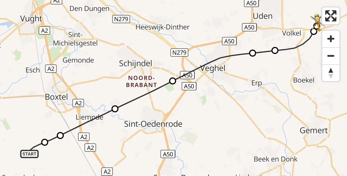 Vluchtroute Traumahelikopter Oirschot - Vliegbasis Volkel, 22 augustus 2026, 13:23