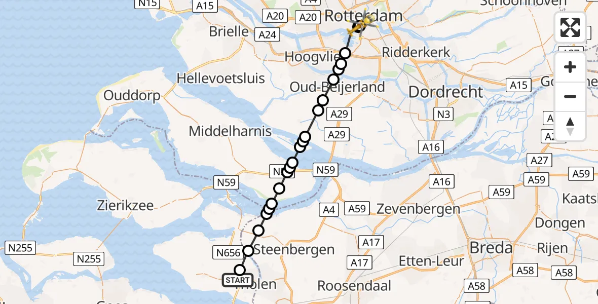 Vluchtroute Traumahelikopter Tholen - Erasmus MC, 22 augustus 2026, 13:31