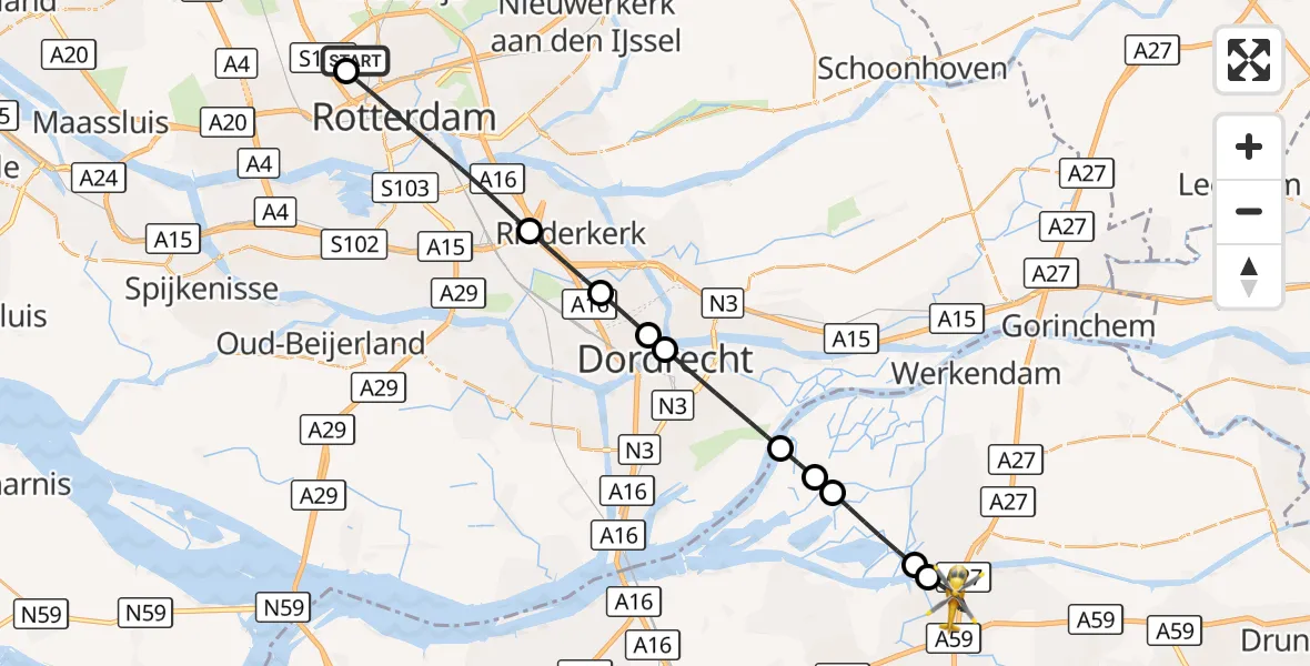 Vluchtroute Traumahelikopter Rotterdam The Hague Airport - Raamsdonksveer, 22 augustus 2026, 15:32