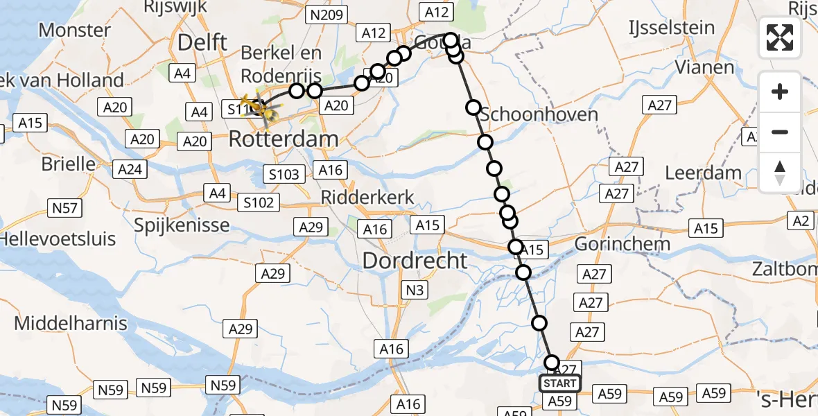 Vluchtroute Traumahelikopter Raamsdonksveer - Rotterdam The Hague Airport, 22 augustus 2026, 15:55