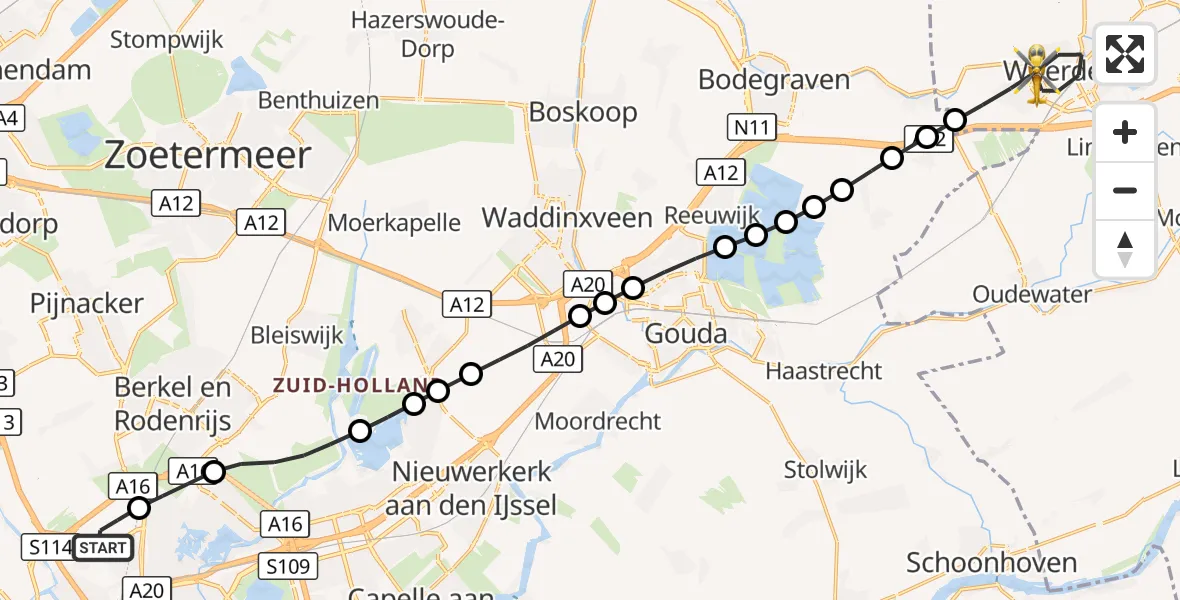 Vluchtroute Traumahelikopter Rotterdam The Hague Airport - Woerden, 22 augustus 2026, 16:45
