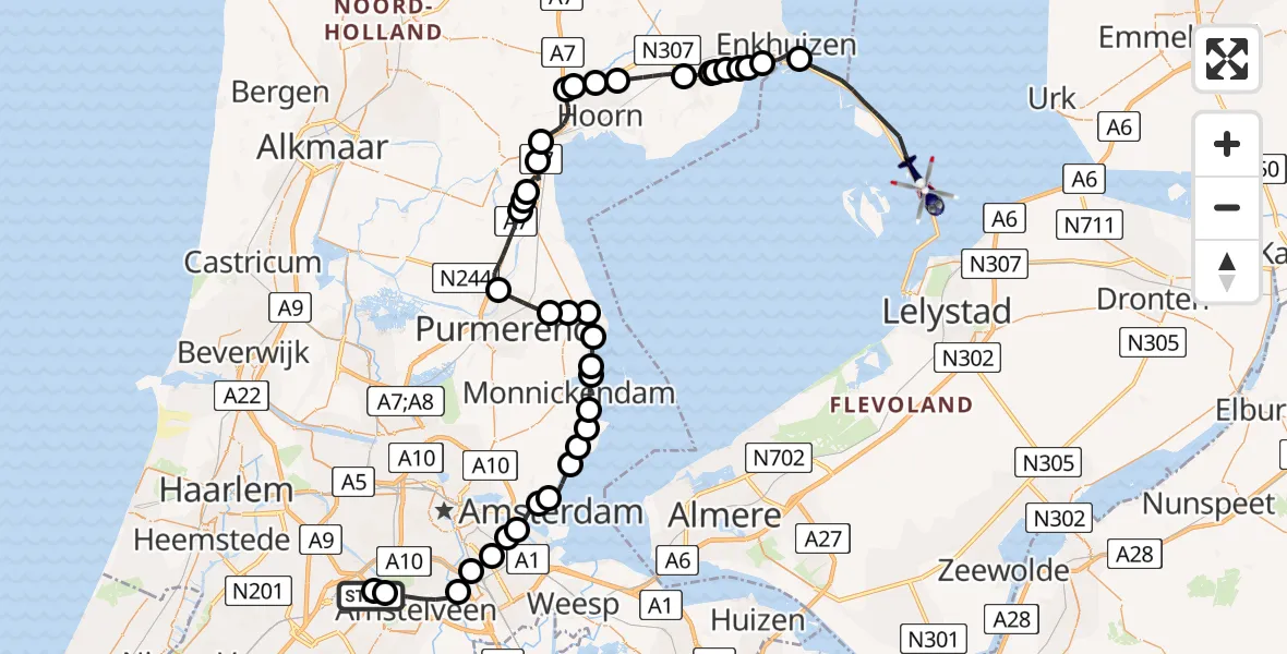 Vluchtroute Politiehelikopter Amsterdam Vliegveld Schiphol - IJsselmeer, 22 augustus 2026, 16:49