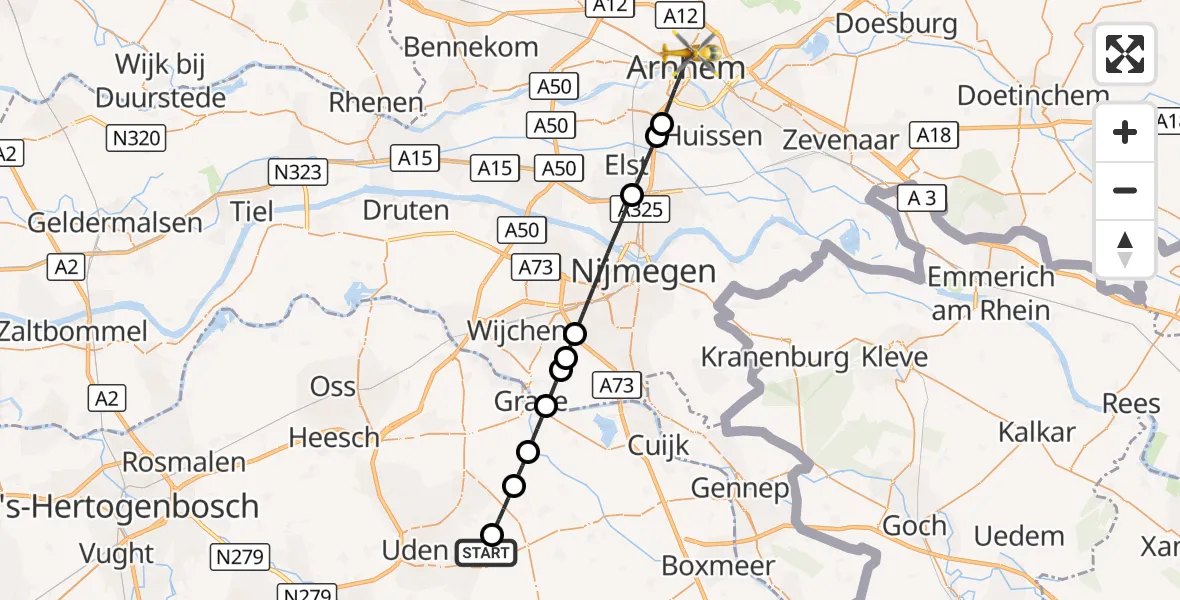 Vluchtroute Traumahelikopter Vliegbasis Volkel - Arnhem, 22 augustus 2026, 16:59