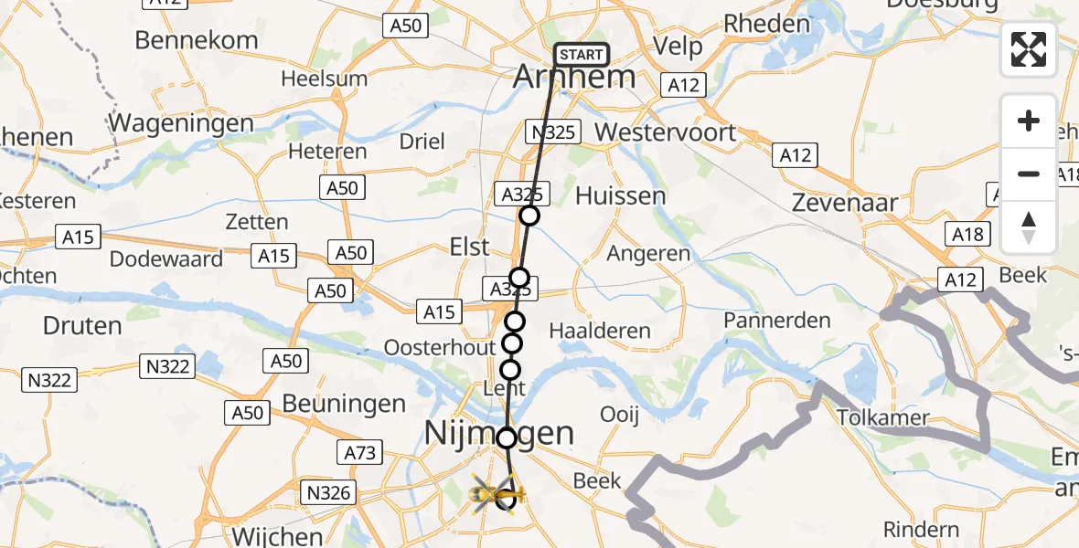 Vluchtroute Traumahelikopter Arnhem - Radboud University Medical Center Heliport, 22 augustus 2026, 17:32
