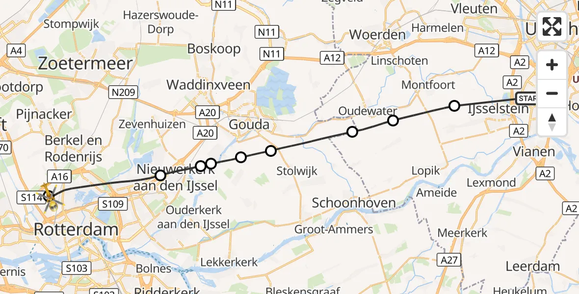 Vluchtroute Traumahelikopter Nieuwegein - Rotterdam The Hague Airport, 22 augustus 2026, 18:13