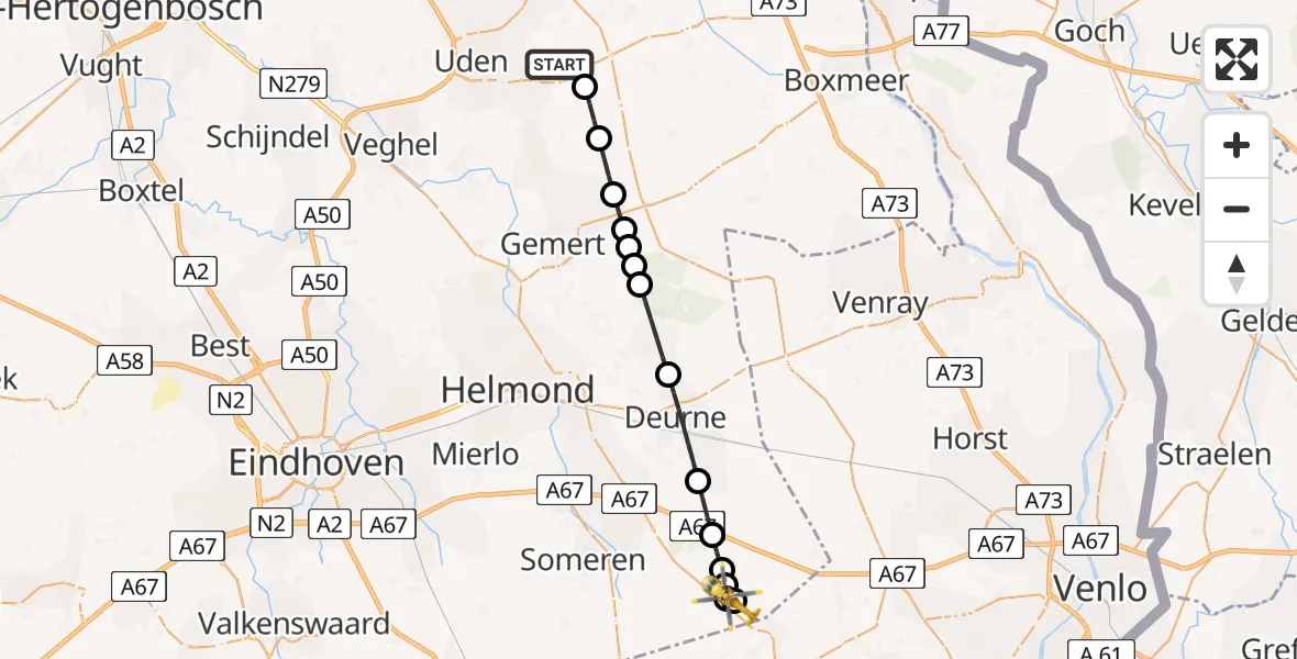 Vluchtroute Traumahelikopter Vliegbasis Volkel - Asten, 22 augustus 2026, 18:53