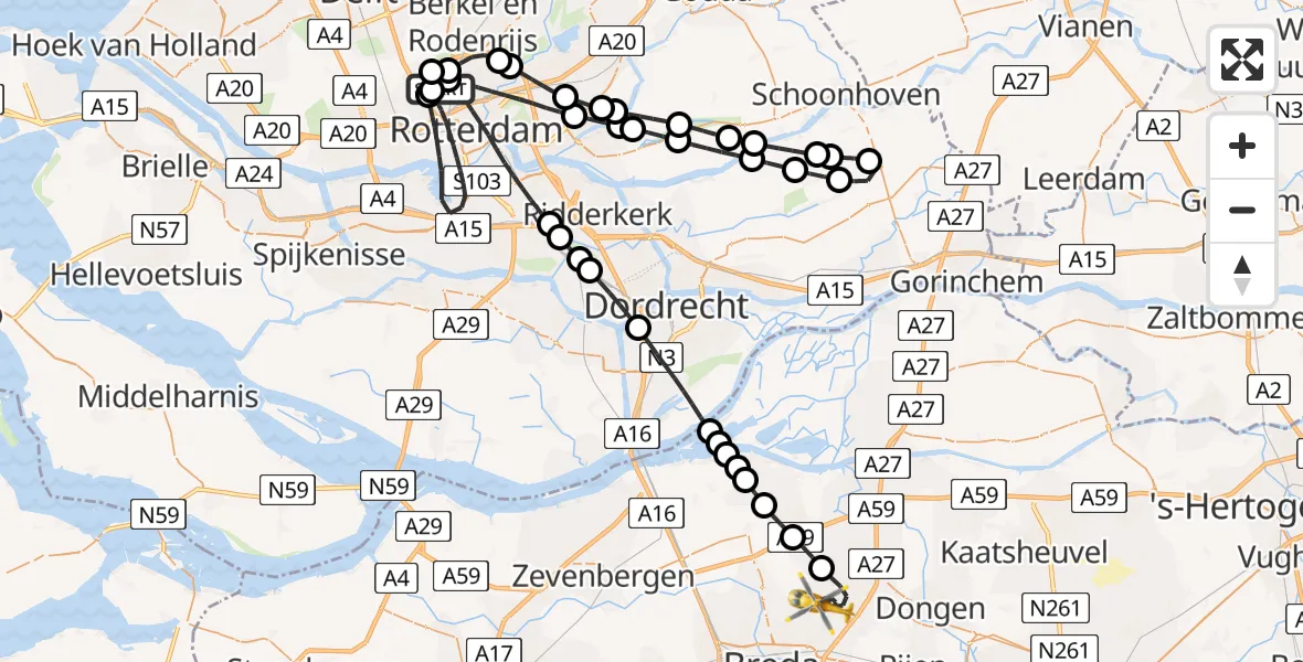 Vluchtroute Traumahelikopter Rotterdam The Hague Airport - Oosterhout, 22 augustus 2026, 19:25