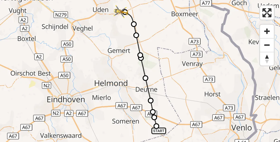 Vluchtroute Traumahelikopter Asten - Vliegbasis Volkel, 22 augustus 2026, 19:26
