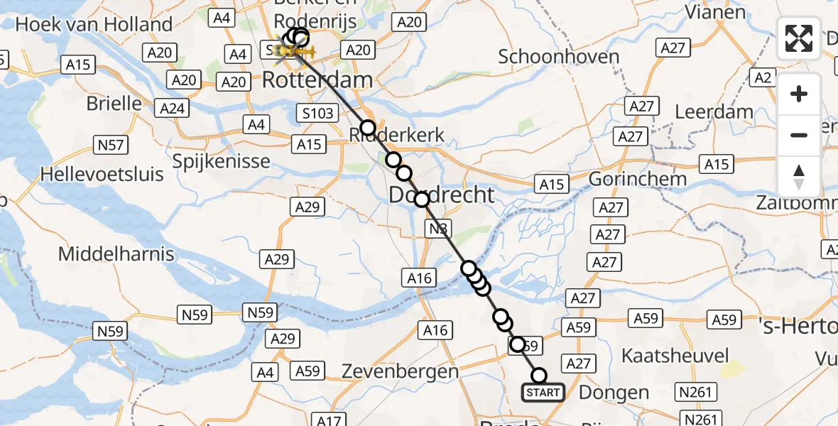 Vluchtroute Traumahelikopter Oosterhout - Rotterdam The Hague Airport, 22 augustus 2026, 20:45