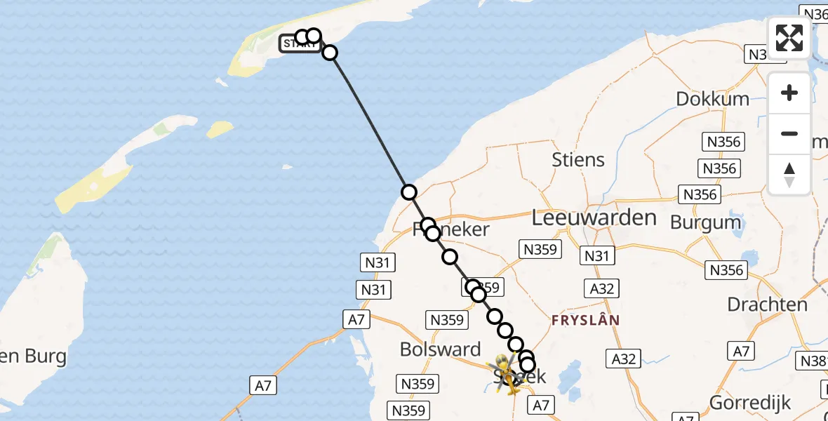 Vluchtroute Ambulancehelikopter Terschelling Heliport - Antonius Hospital Heliport, 22 augustus 2026, 20:57