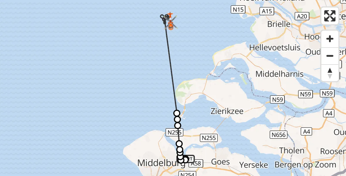 Vluchtroute Kustwachthelikopter Vliegveld Midden-Zeeland - Noordzee, 22 augustus 2026, 22:11