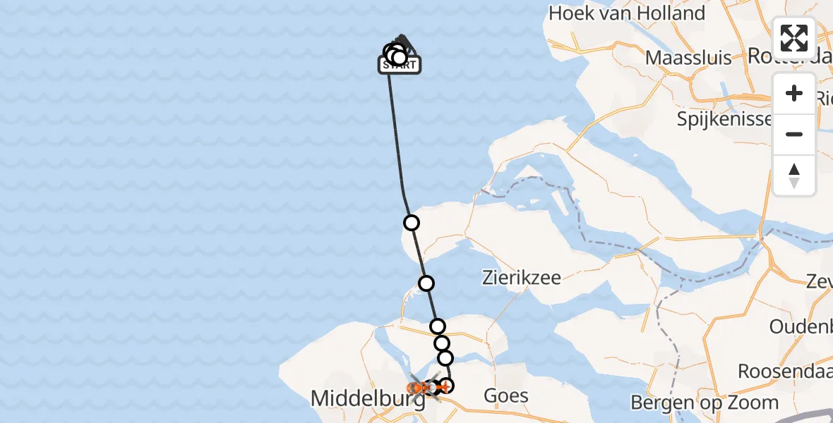 Vluchtroute Kustwachthelikopter Noordzee - Vliegveld Midden-Zeeland, 22 augustus 2026, 23:54