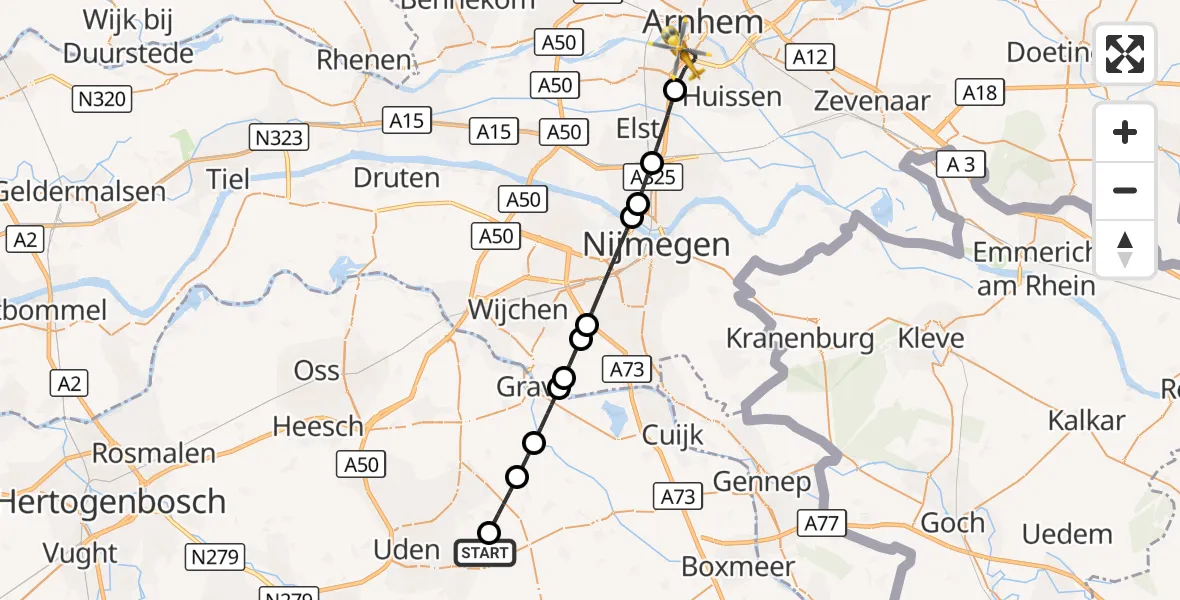 Vluchtroute Traumahelikopter Vliegbasis Volkel - Arnhem, 23 augustus 2026, 03:43