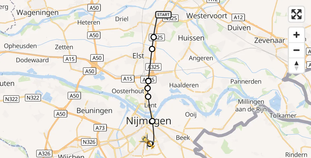 Vluchtroute Traumahelikopter Arnhem - Radboud University Medical Center Heliport, 23 augustus 2026, 04:12