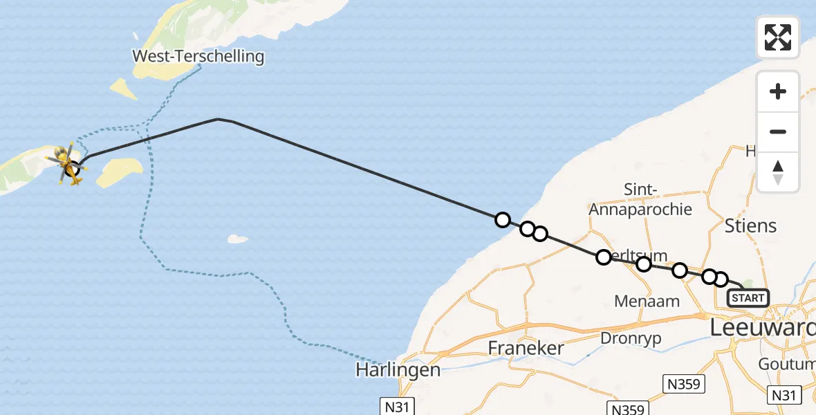 Vluchtroute Ambulancehelikopter Vliegbasis Leeuwarden - Vlieland Heliport, 23 augustus 2026, 08:06