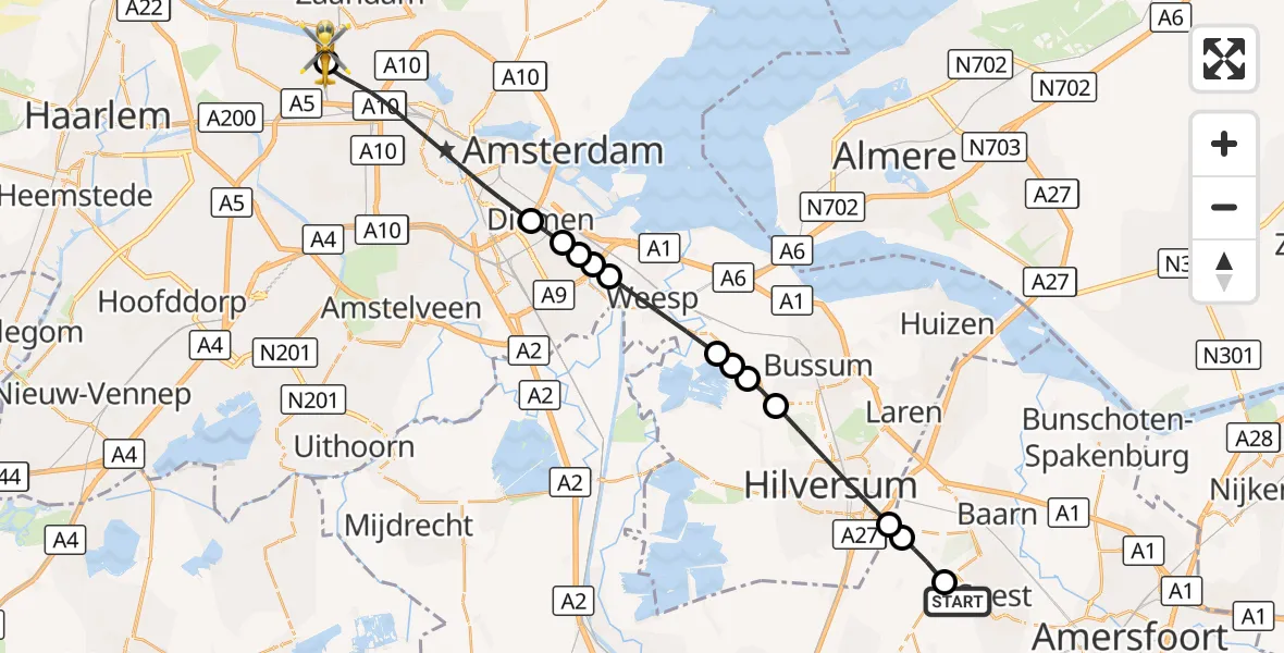 Vluchtroute Traumahelikopter Soest - Amsterdam Heliport, 23 augustus 2026, 11:29