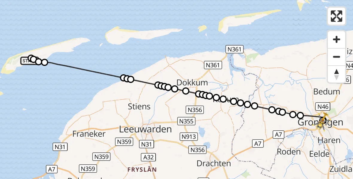 Vluchtroute Ambulancehelikopter Terschelling Heliport - Universitair Medisch Centrum Groningen, 23 augustus 2026, 11:52
